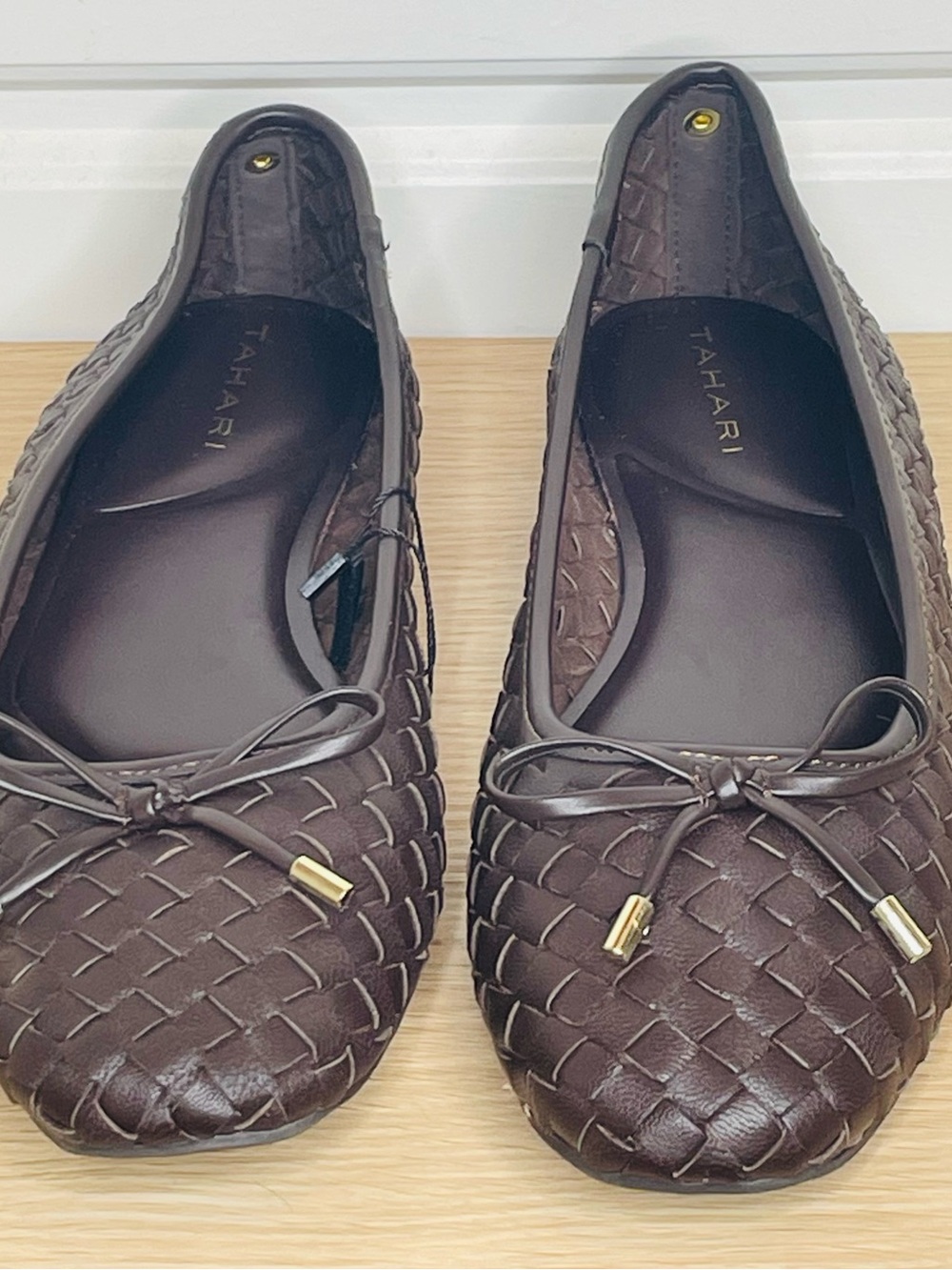Tahari Brown Woven Leather Ballet Flats with Bow